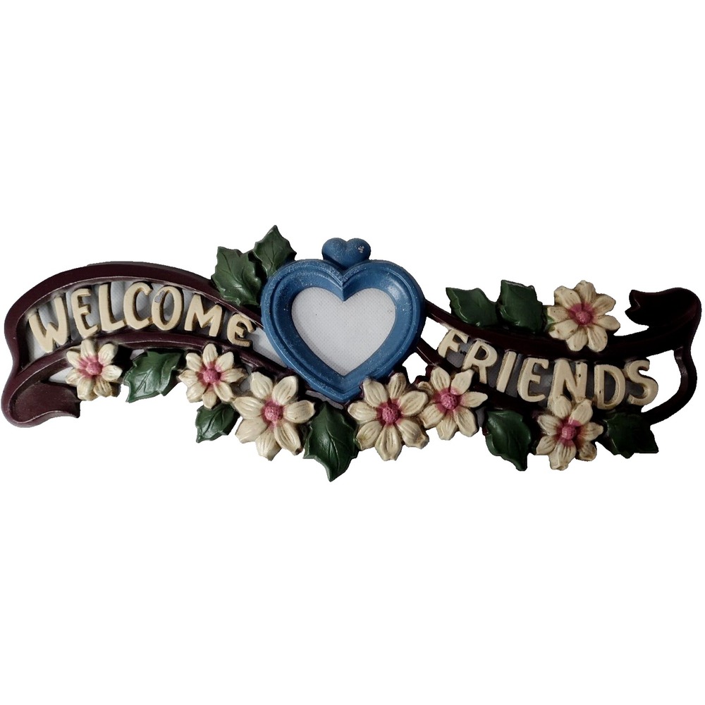 VTG Home Interior Welcome Friends Metal Heart Floral Open Work Wall Plaque Sign